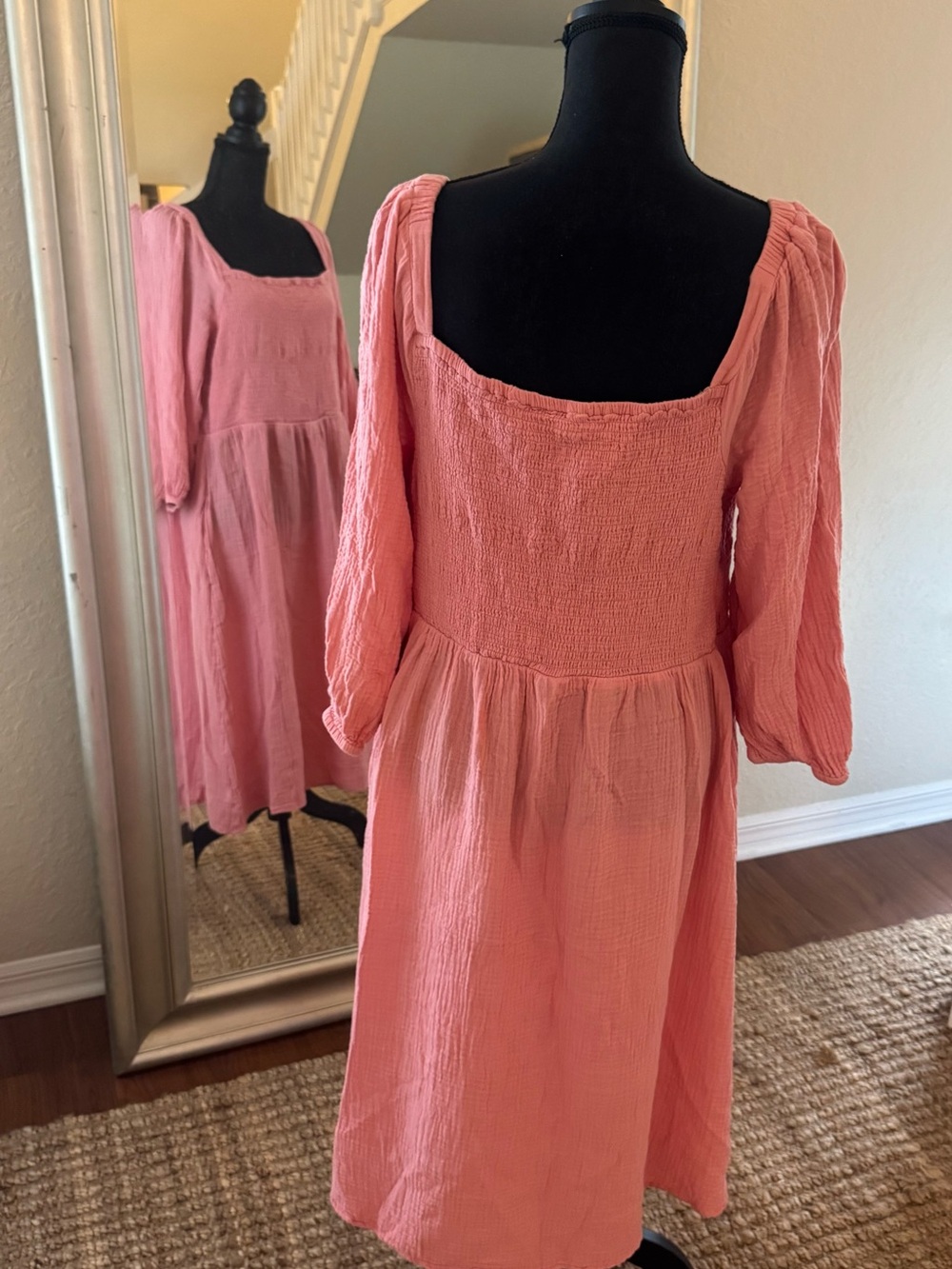 Beach Lunch lounge Coral 100% Cotton  Gauze balloon sleeve Pink flowy Dress - Picture 3 of 5